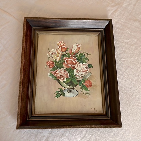 Vintage Oil Painting c1947 Bouquet of Roses in Wooden Frame Signed - Picture 5 of 14